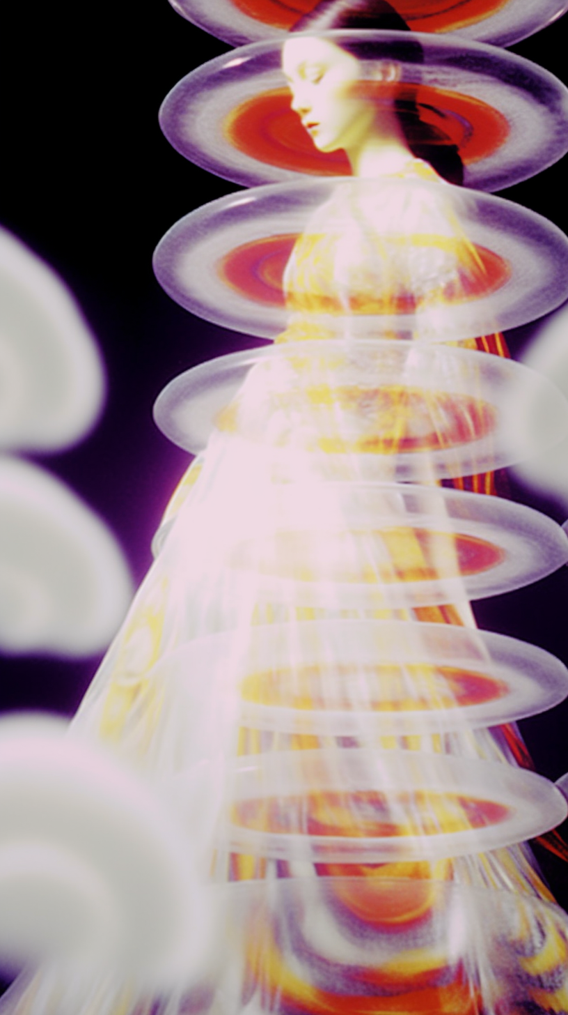 AI artwork of a figure enveloped in a bright yellow and white light haze, surrounded by multiple layered, horizontal translucent glowing rings over a dark purple background.