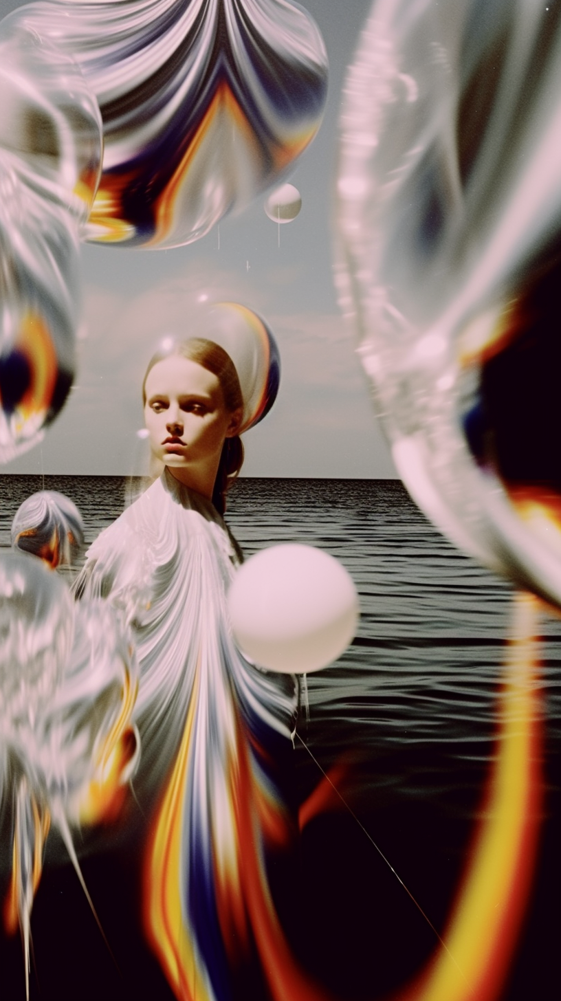AI artwork of a woman standing in a calm, dark sea under a gray sky, surrounded by floating transparent orbs and fluid, warped glass shapes showing a vibrant rainbow oil-slick gradient.