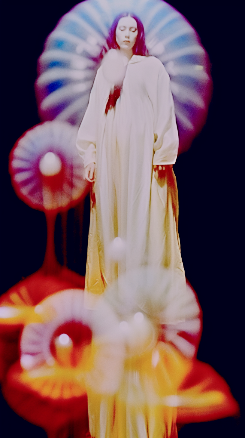 AI artwork of a purple-haired figure in a cream gown standing amidst large, translucent, pleated circular shapes radiating blue, purple, and red light against a black background.