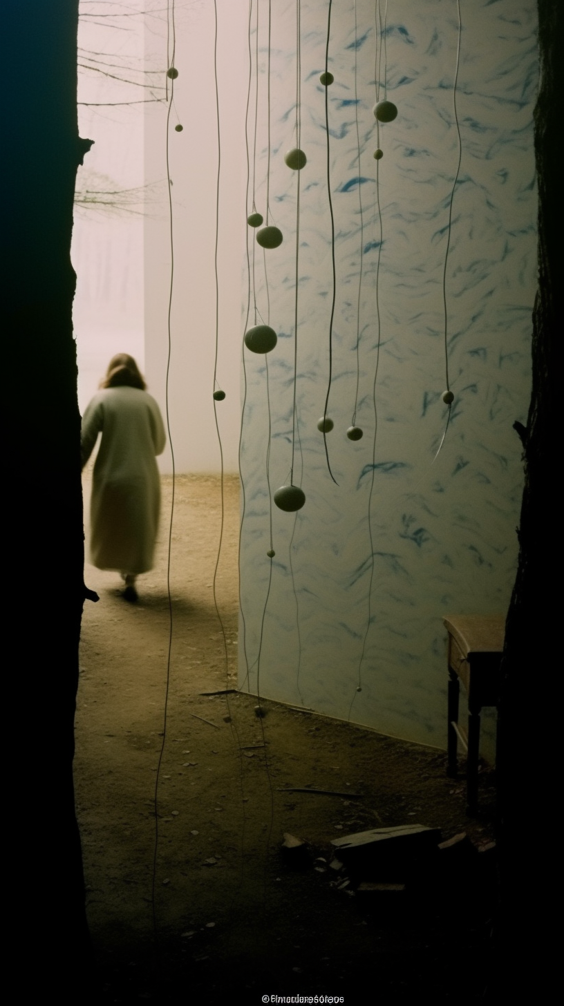 AI artwork of a figure in a long cream coat walking away down a dirt-floor hallway, flanked by a light blue wall with delicate details and hanging dark vine elements.