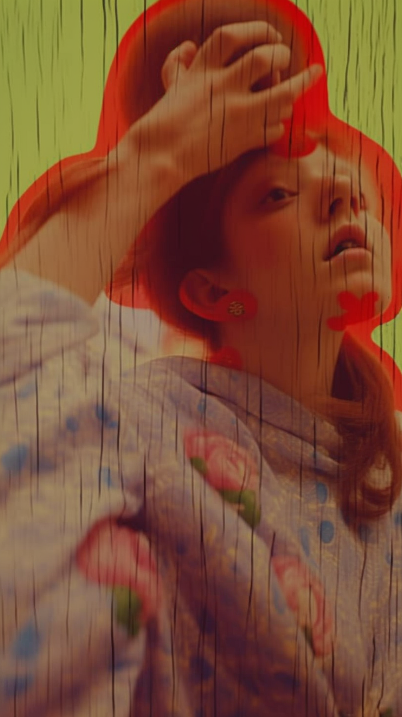 AI artwork of a woman in a blue floral shirt with a vibrant red outline against an avocado green background, overlaid with dark, vertical texture lines.