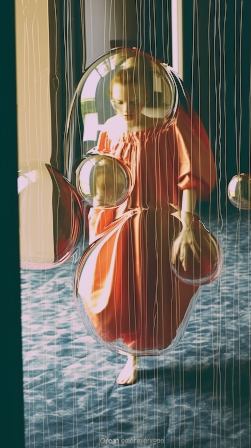 AI artwork of a figure in a flowing terracotta orange dress standing in front of rippling water, viewed through distorted metallic orbs and fine vertical lines.