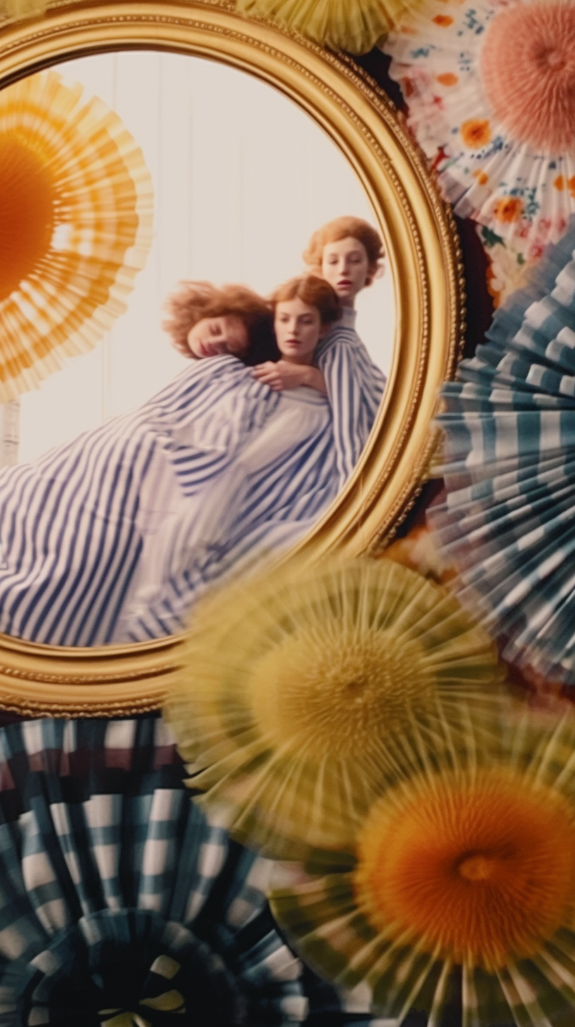 AI artwork showing two red-haired figures reflected in an oval gold frame mirror, surrounded by pleated fabrics and a large translucent, radiating circular pattern in the foreground.