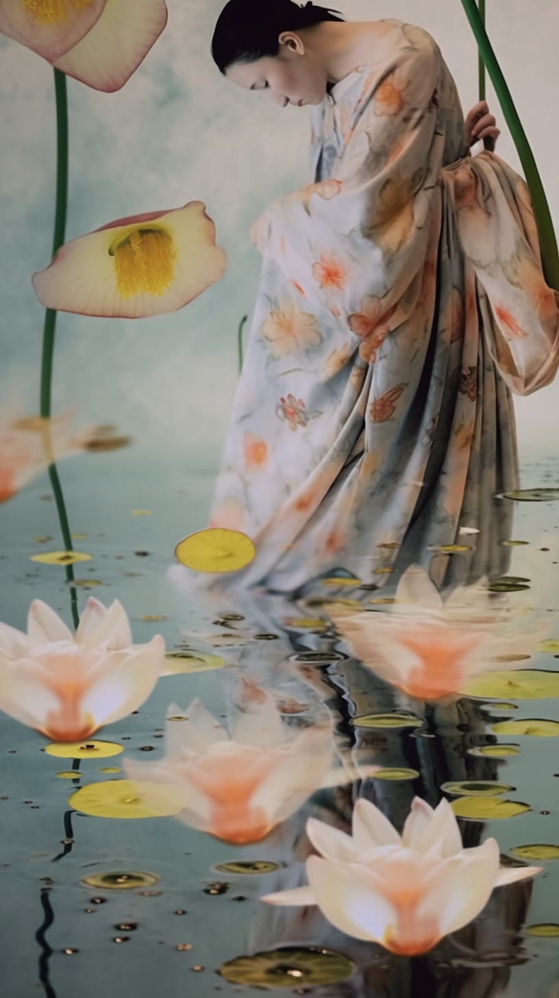 AI artwork focused on the lower half of a figure in a draped, floral-patterned dress standing in calm water filled with floating pink water lilies and soft ripples.