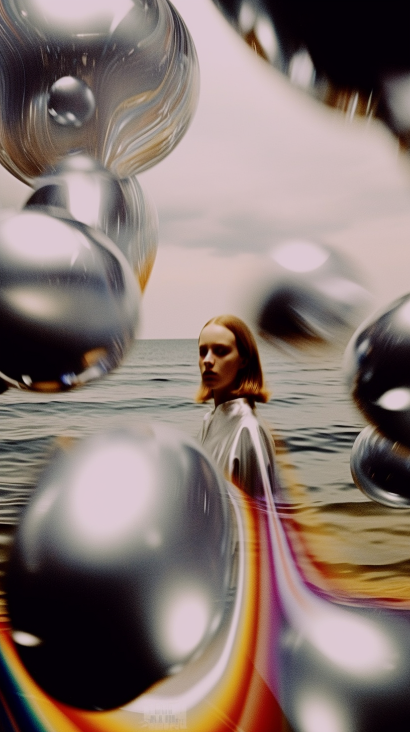 AI artwork of a woman in a silver dress standing waist-deep in a calm ocean, viewed through a cluster of large, floating liquid-mercury chrome spheres with a bright rainbow refraction arc in the foreground.