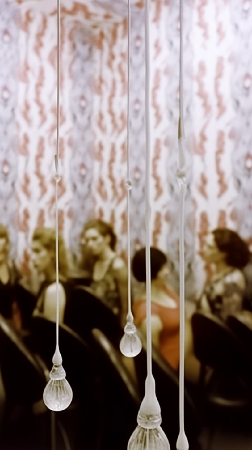 AI artwork featuring sharply focused white hanging strings ending in clear glass teardrop bulbs, with an out-of-focus background showing a row of women seated against a red and white patterned retro wallpaper.