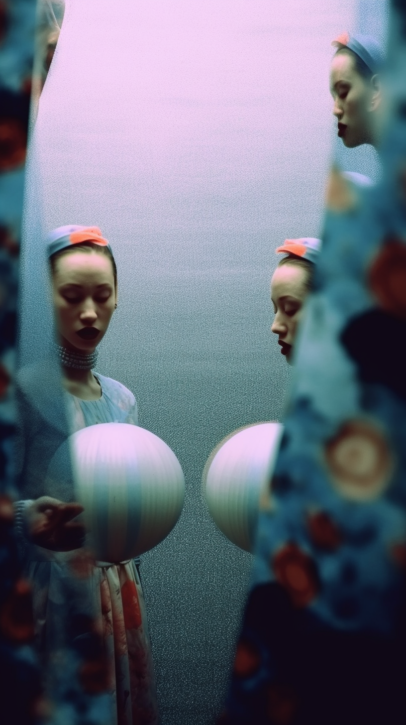 AI artwork showing a woman and her reflection against a shimmering silver wall, partially obscured by a dark floral textile on the right, holding a pale striped sphere at the bottom.