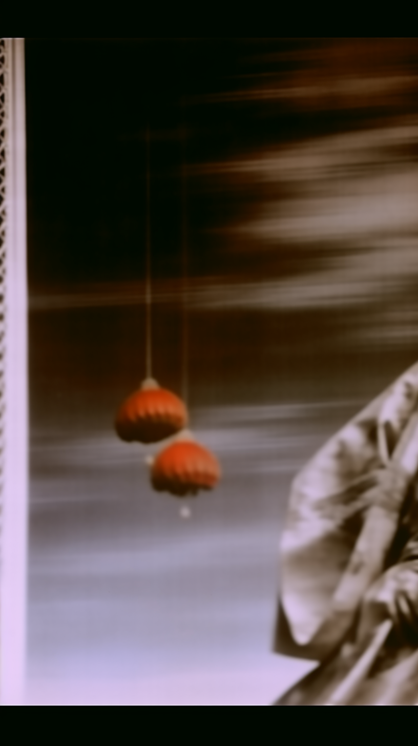 AI artwork showing a dark, sepia-toned scene with sharp horizontal motion blur across the background, featuring two small red pleated lanterns hanging from slender threads in the center and a partial blurred figure on the right.