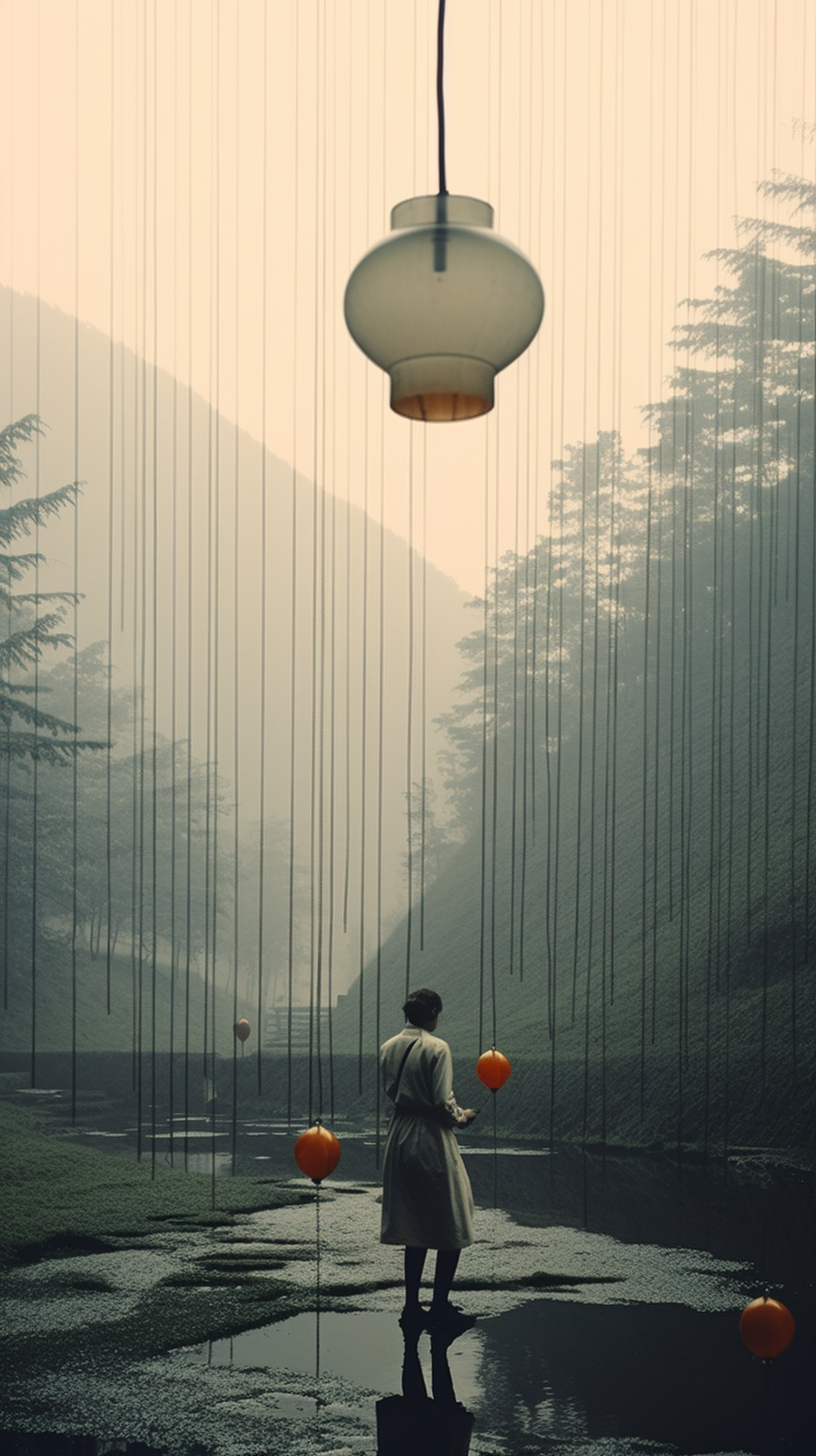 AI artwork of a solitary figure standing at the edge of a dense, foggy forest valley filled with hundreds of thin vertical hanging lines and a single small orange ball.