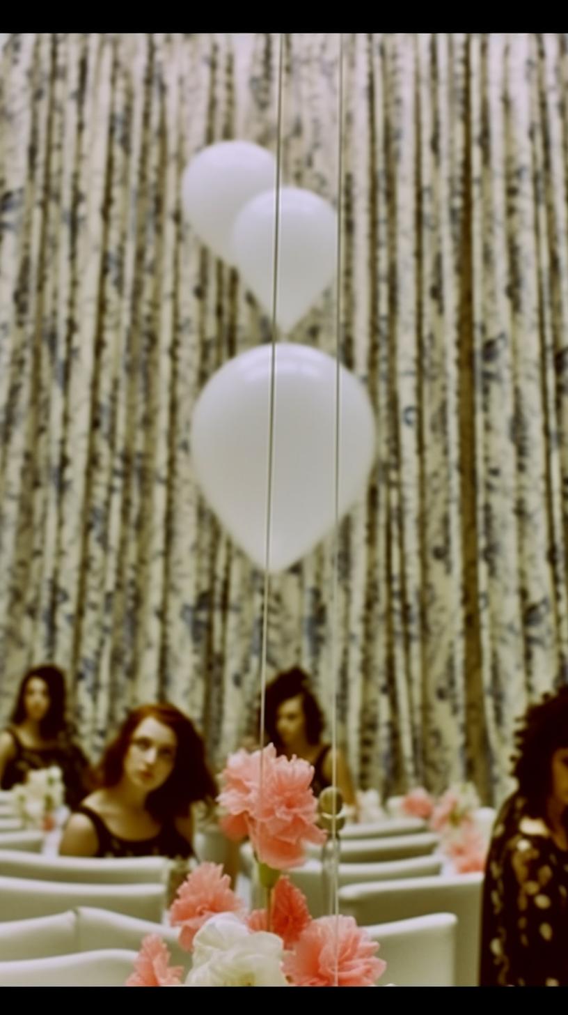 AI artwork featuring a single white balloon on a string in sharp focus, with a heavily blurred background of dark-haired women standing before patterned blue and white curtains.
