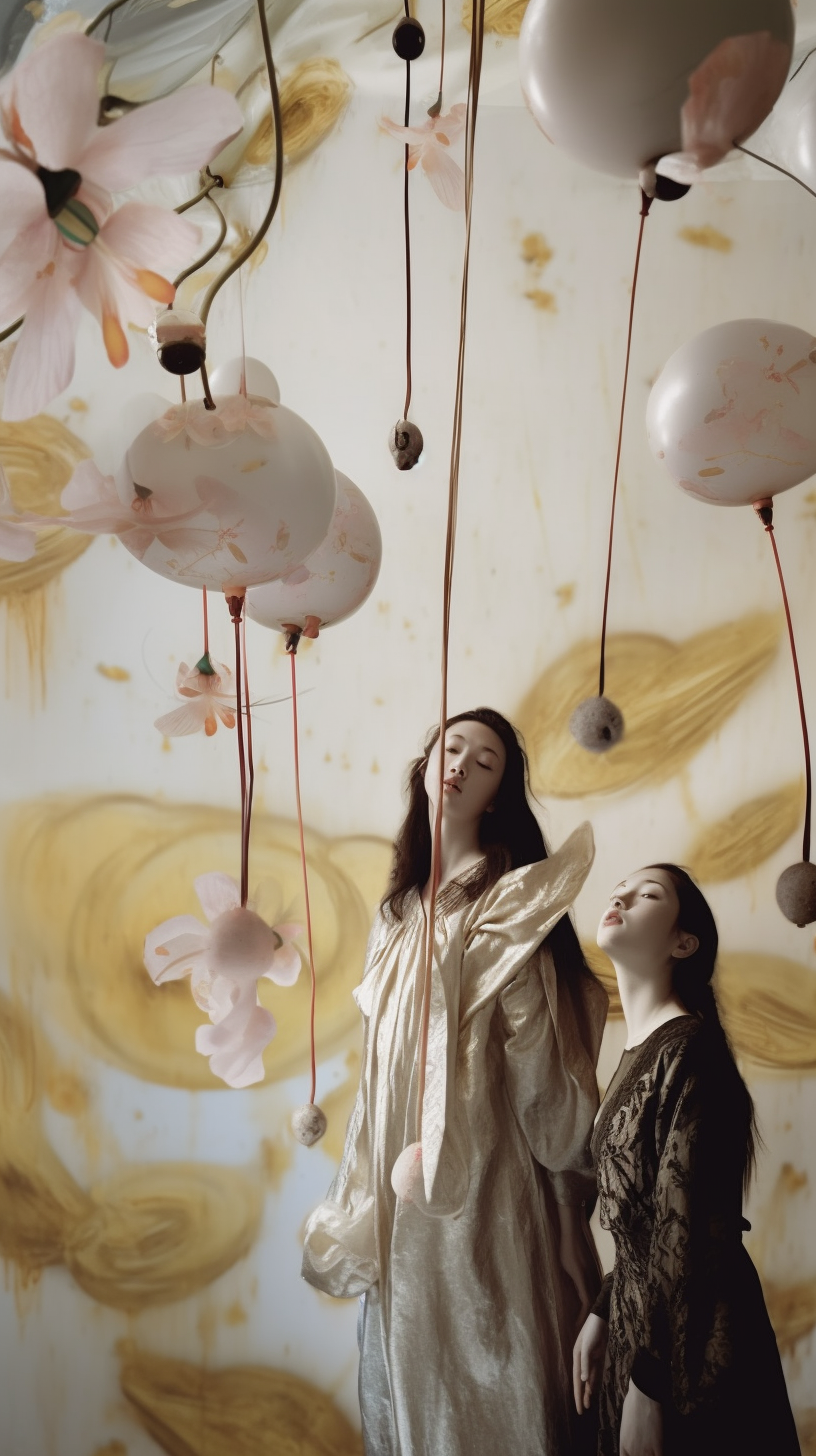 AI artwork of two women looking upward against a cream-colored wall with large gold abstract brushstrokes, surrounded by hanging floral elements and pale pink balloons.