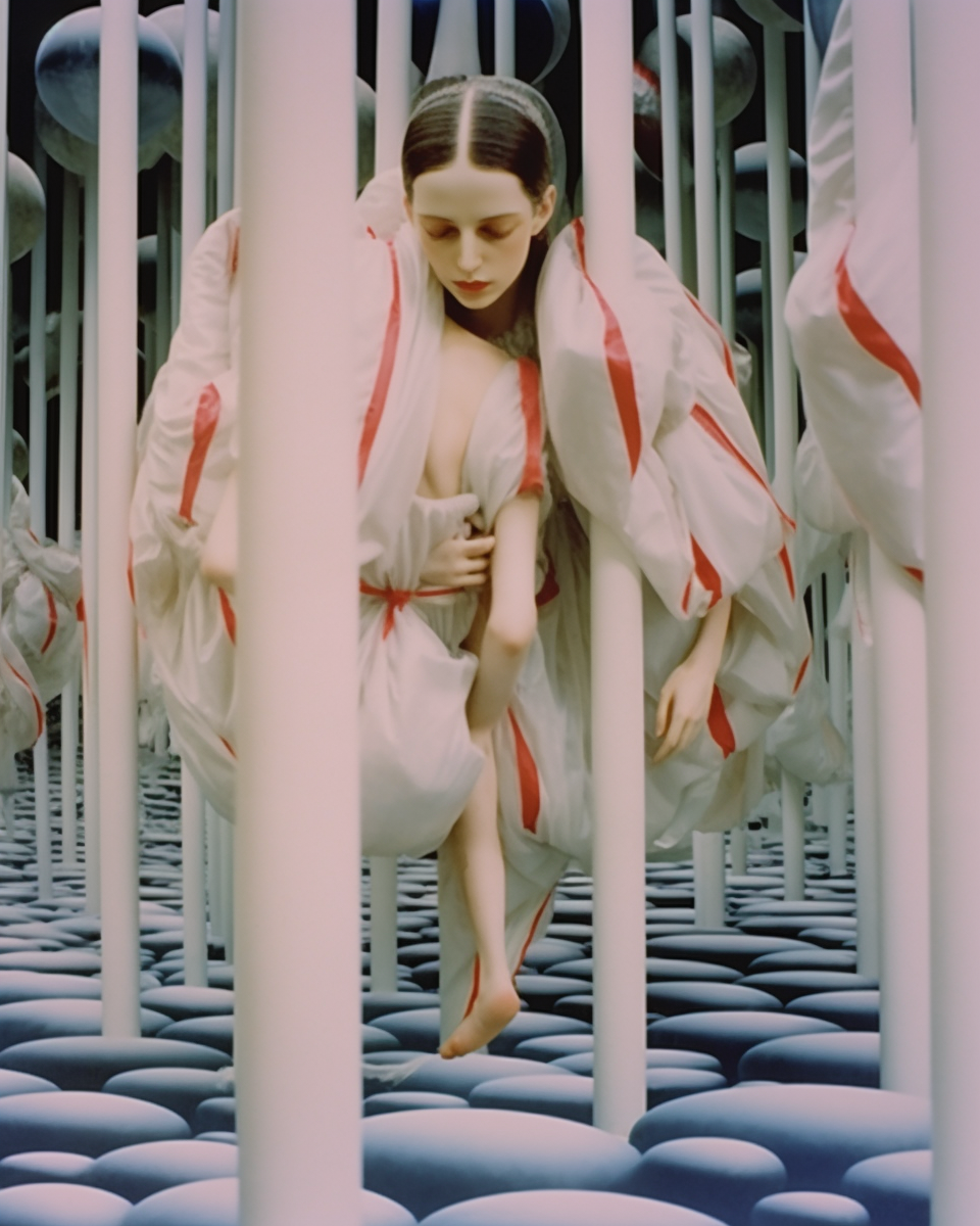 AI artwork featuring a woman suspended vertically between tall white pillars, enveloped in a massive white and red-striped puffer textile structure above a floor covered in smooth blue rounded shapes.