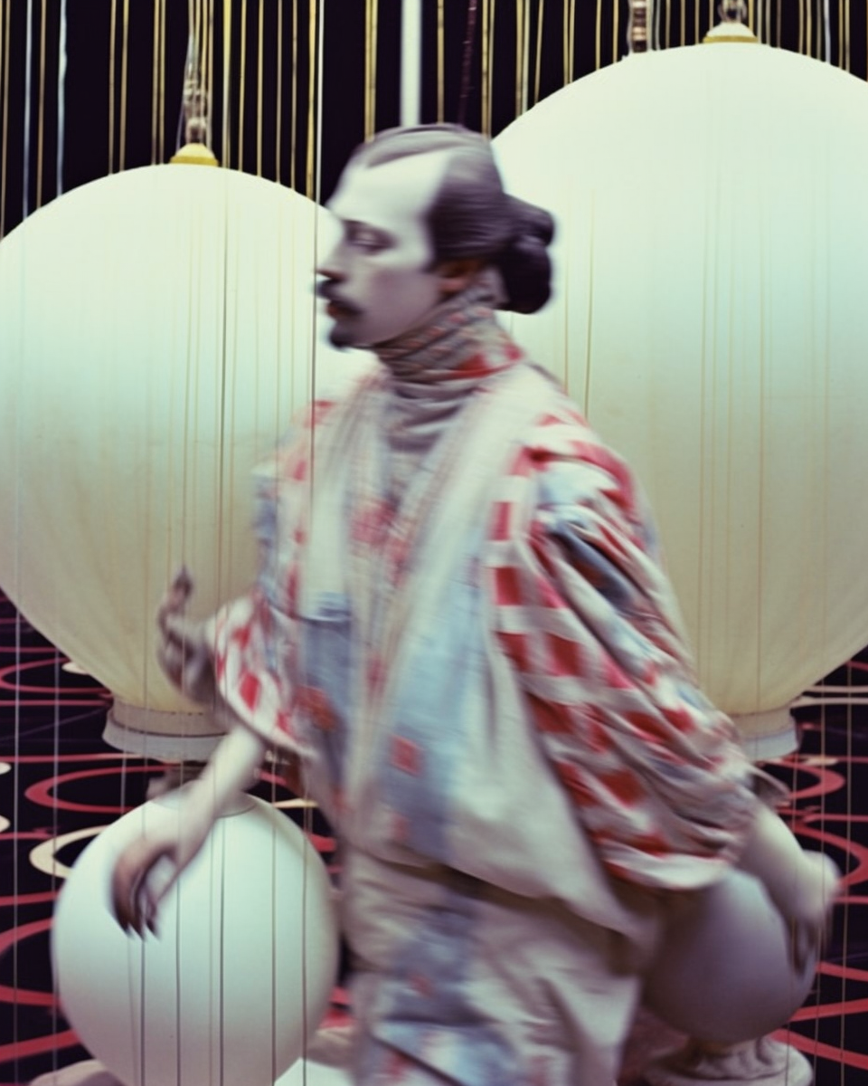 AI artwork showing a motion-blurred figure in a red-and-white patterned garment moving dynamically between massive, glowing white spherical paper structures over a dark patterned floor.
