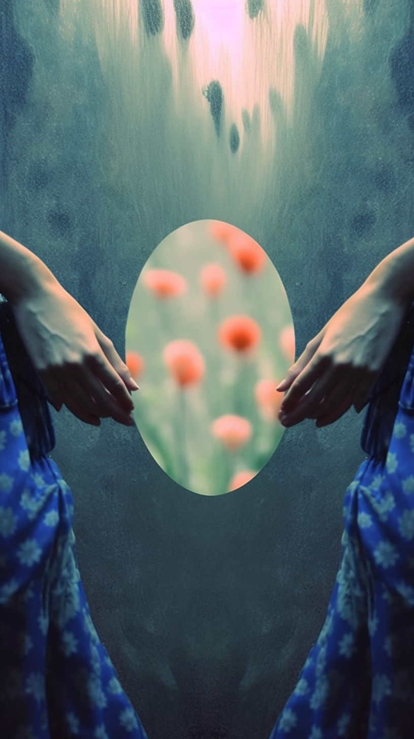AI artwork of two hands framing a central vertical oval cutout that reveals a soft-focus cluster of orange poppy flowers against a dark, textured turquoise background.