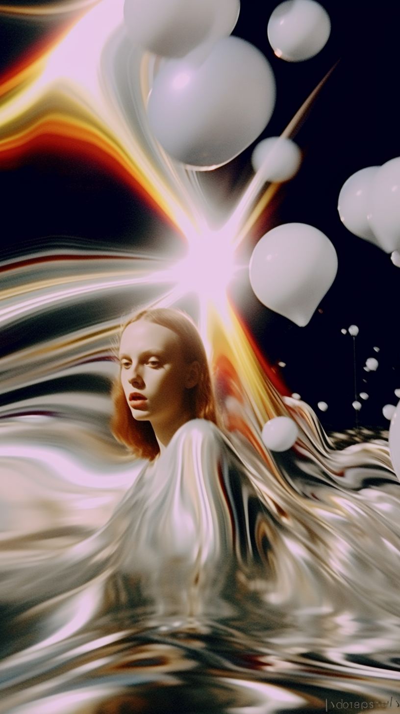 AI artwork of a woman enveloped in billowing folds of liquid metallic silver cloth, with a brilliant white and orange solar flare exploding behind her against a dark night sky filled with floating white balloons.