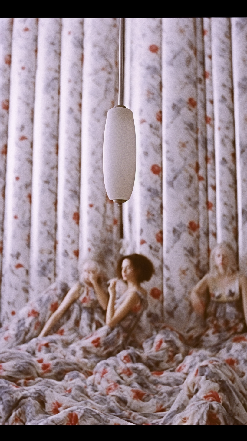AI artwork highlighting a single textured white cylindrical pendant lamp hanging over three women in floral gowns resting against a matching floral patterned curtain.