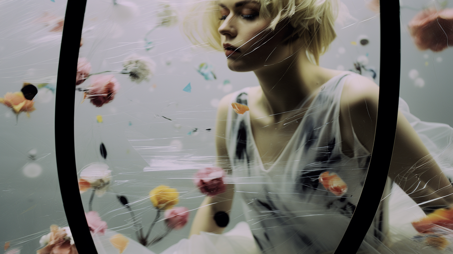 AI artwork depicting a blonde woman with her eyes closed, seemingly submerged in clear water or veiled in sheer white fabric among floating pink and yellow floral blossoms.