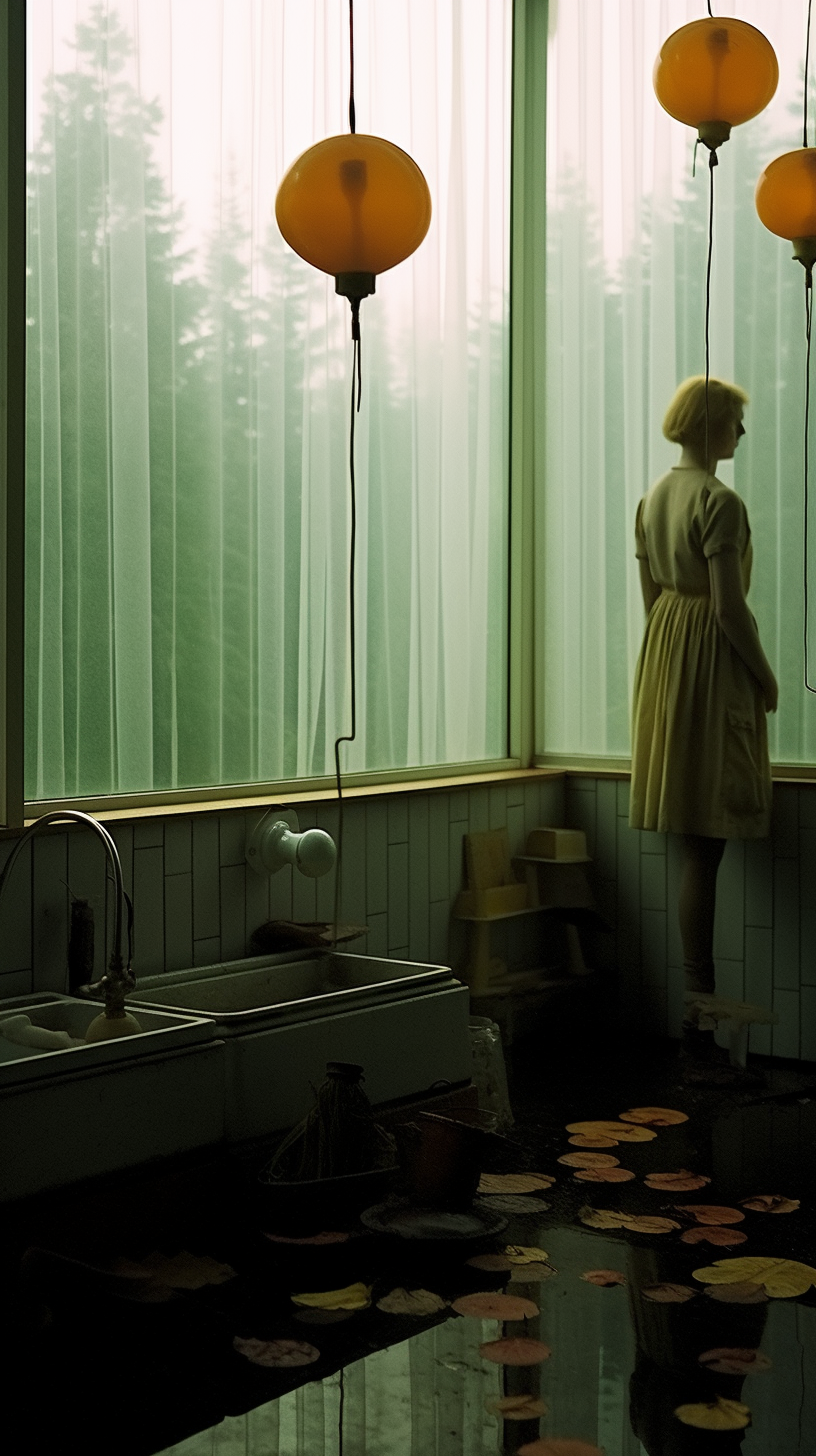 AI artwork of a woman in profile standing inside a dimly lit, minimalist interior featuring large light-green privacy curtains and a vintage basin sink.