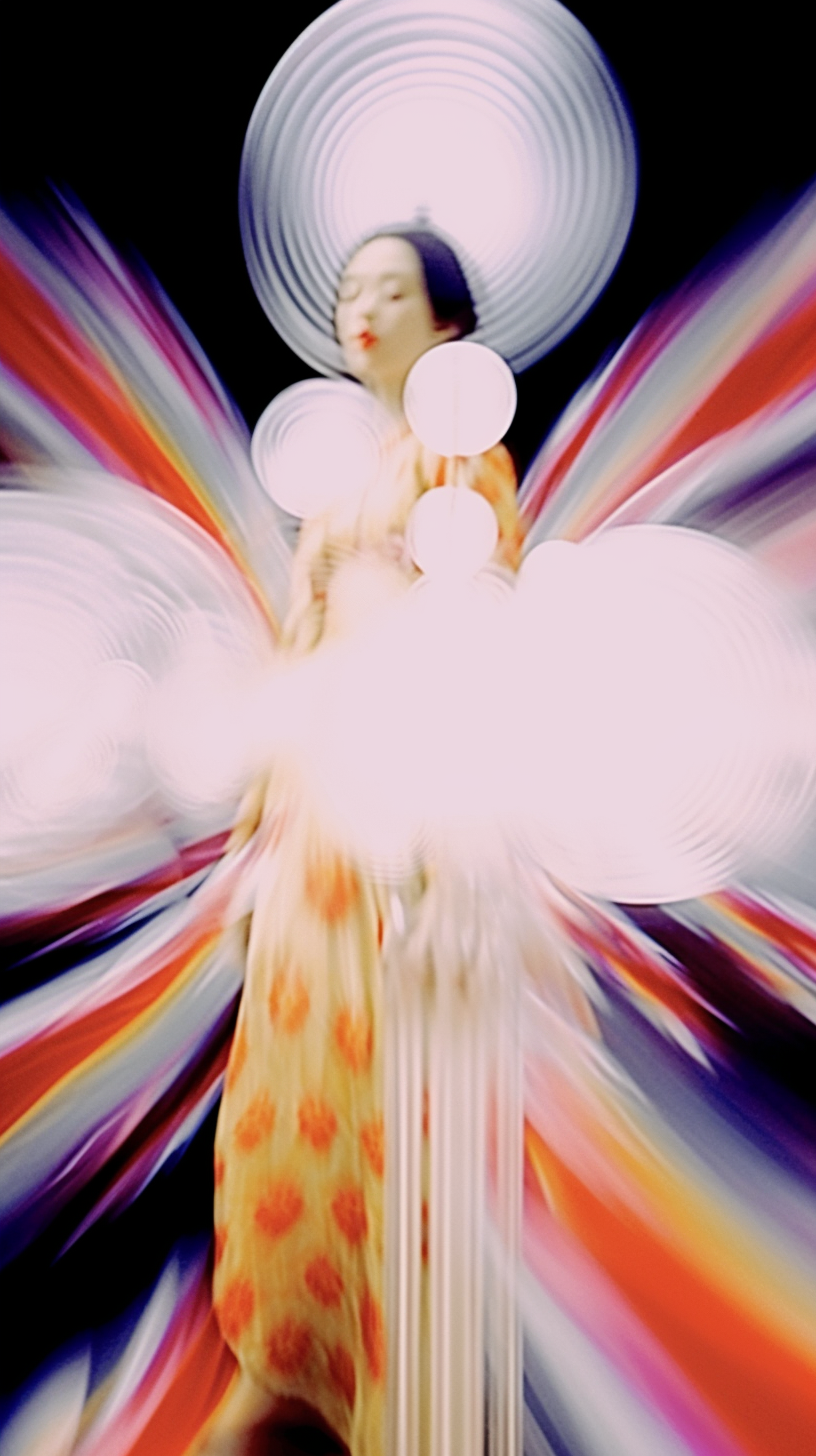 AI artwork featuring a figure partially obscured by a large, cloud-like white texture burst, surrounded by dynamic, sharp radiating lines of pink, blue, and yellow light.