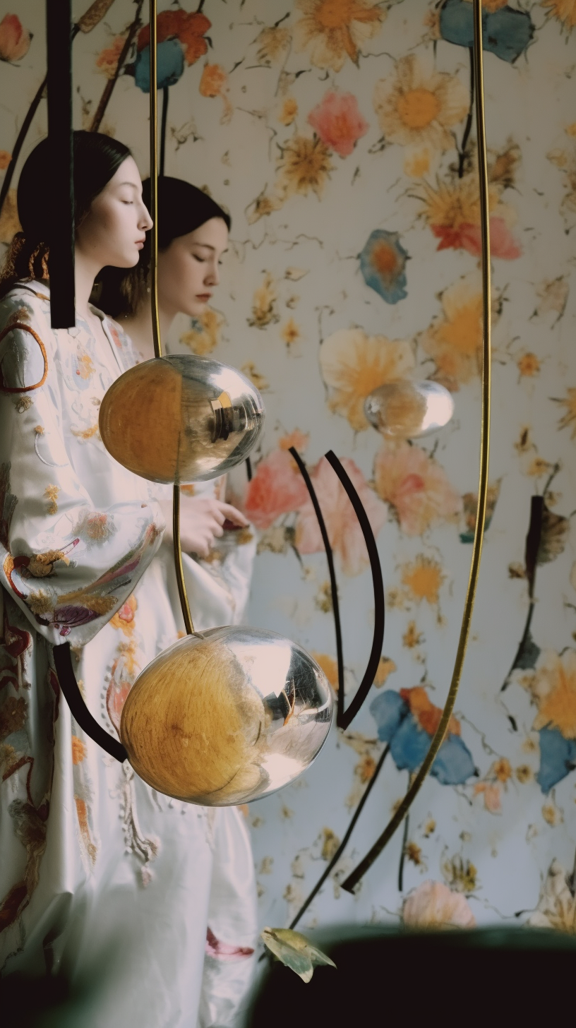 AI artwork of two figures in patterned robes standing before a light floral backdrop, partially obscured by large metallic gold and silver reflective oval discs cutting across the frame.
