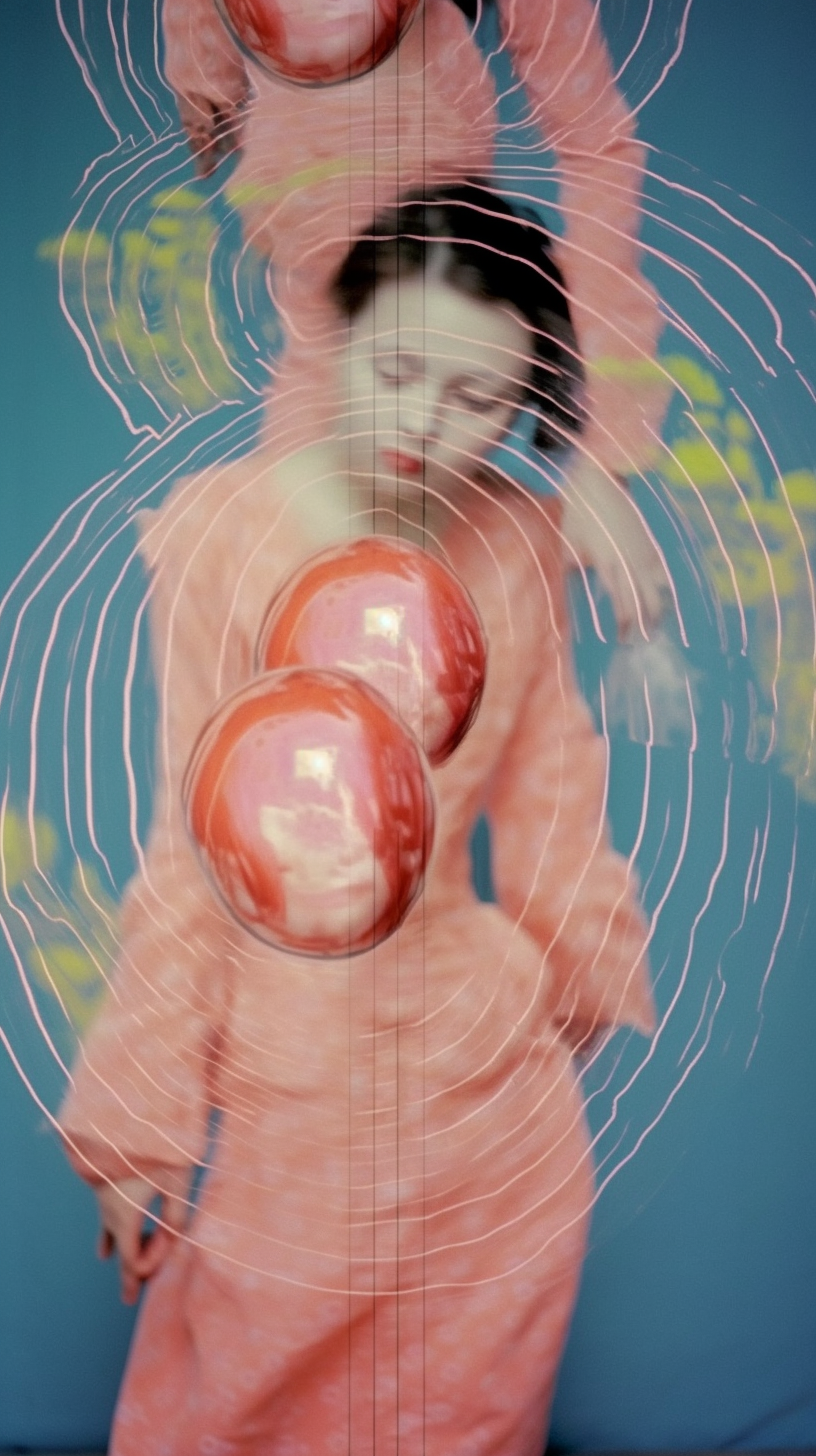 AI artwork of a woman in a peach dress against a solid blue background, obscured by concentric pink ripple lines and two floating glossy red orbs.