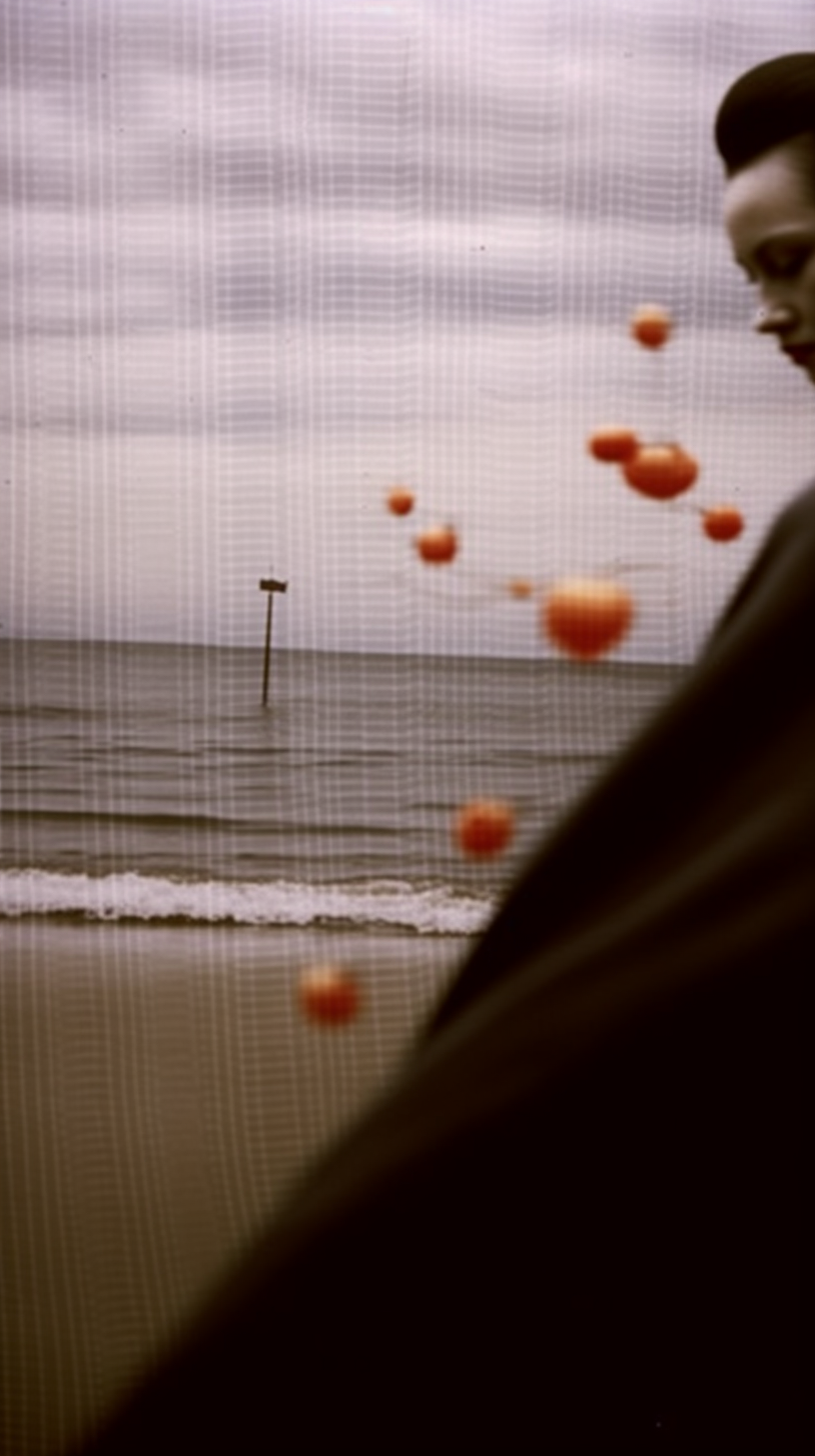 AI artwork viewing a calm ocean and a solitary distant post through a fine screen texture, with a dark foreground shadow on the right and small orange spheres floating across the sky.