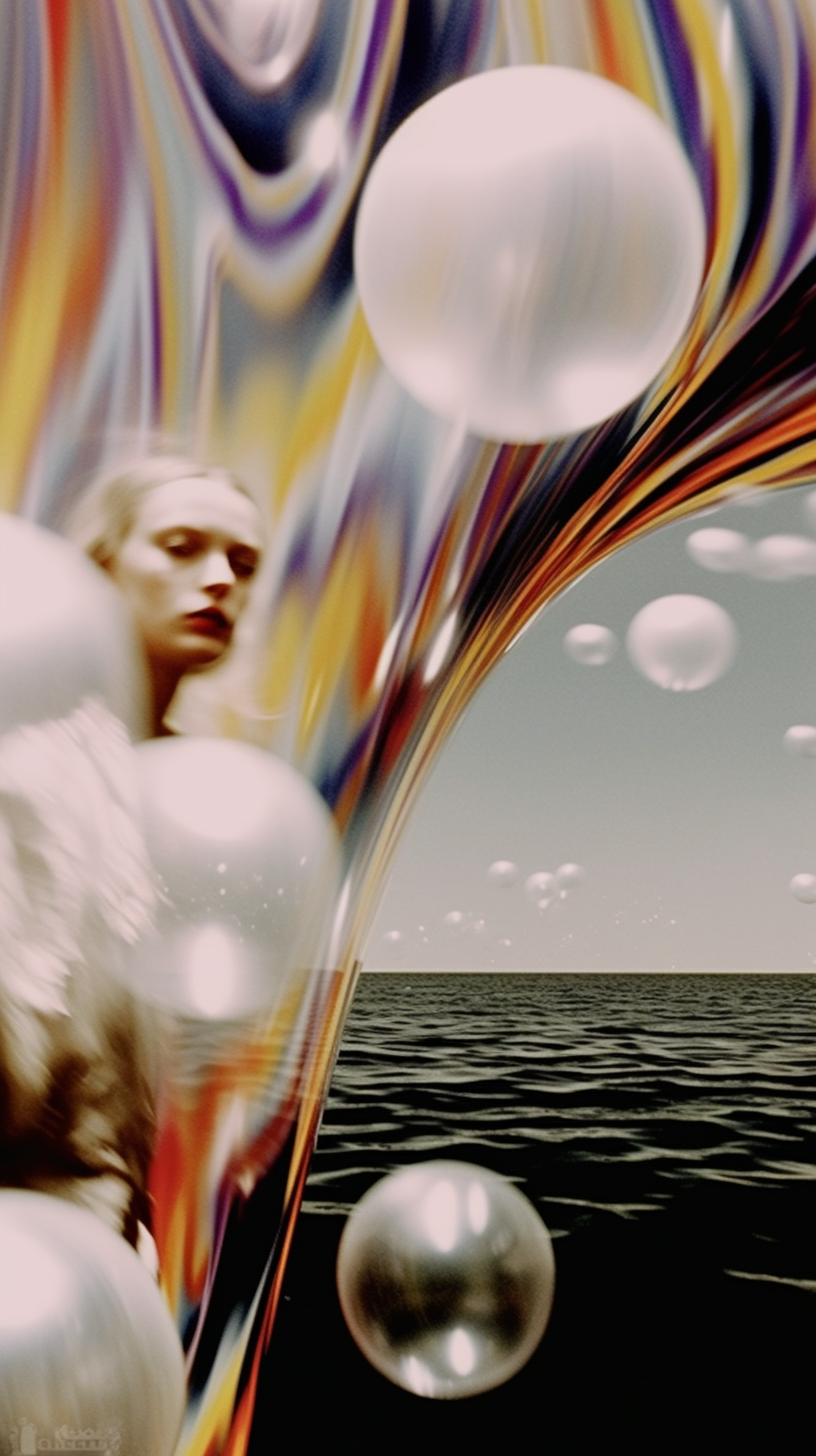 AI artwork featuring a woman's profile looking out over a calm dark sea, partially obscured by a massive swirling ribbon of translucent glass with rainbow oil-slick refractions and floating bubbles.