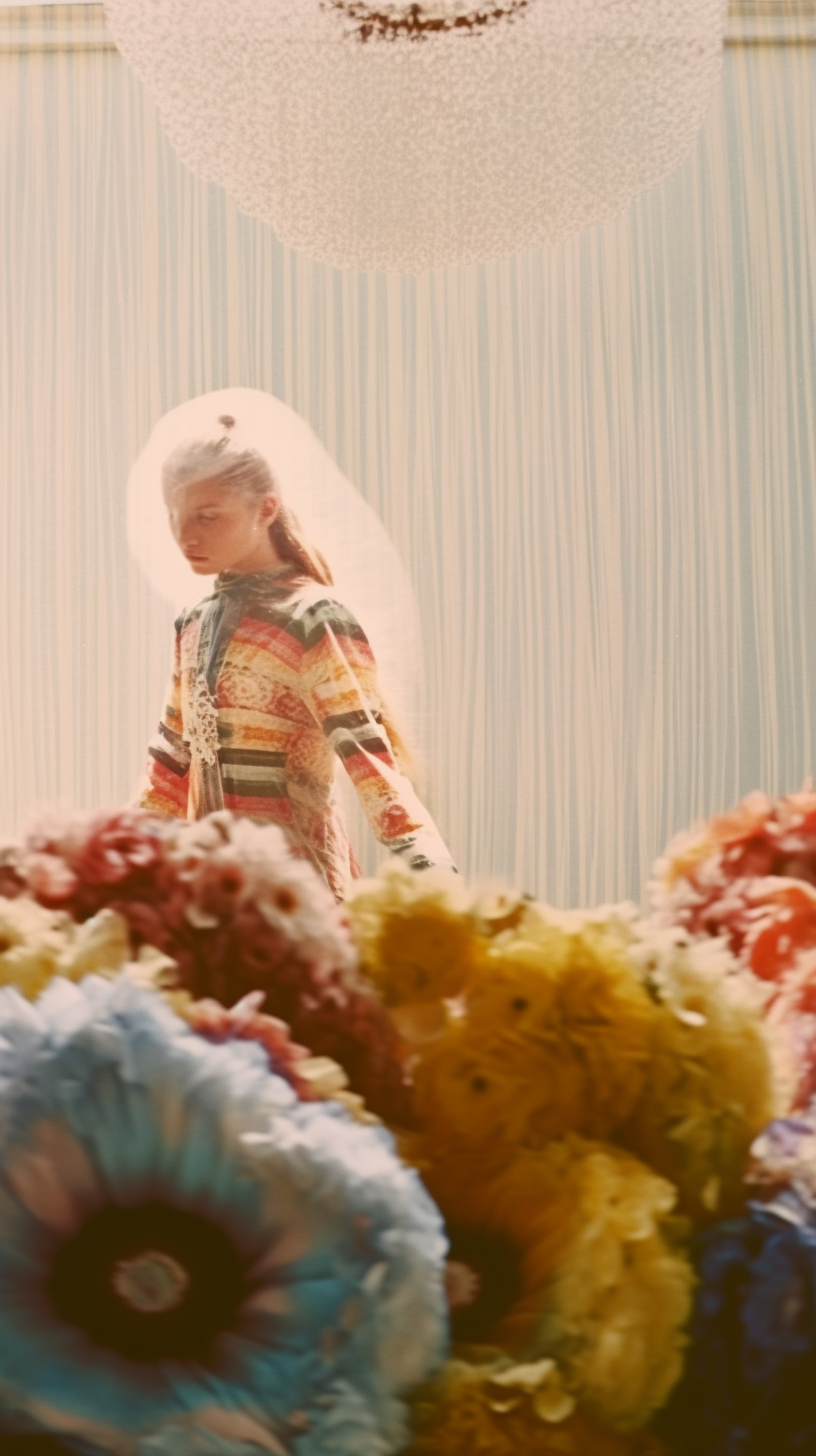 AI artwork of a light-haired figure in a patterned jacket standing behind a dense bed of colorful flowers, enveloped in a soft glowing aura with fine vertical background lines.