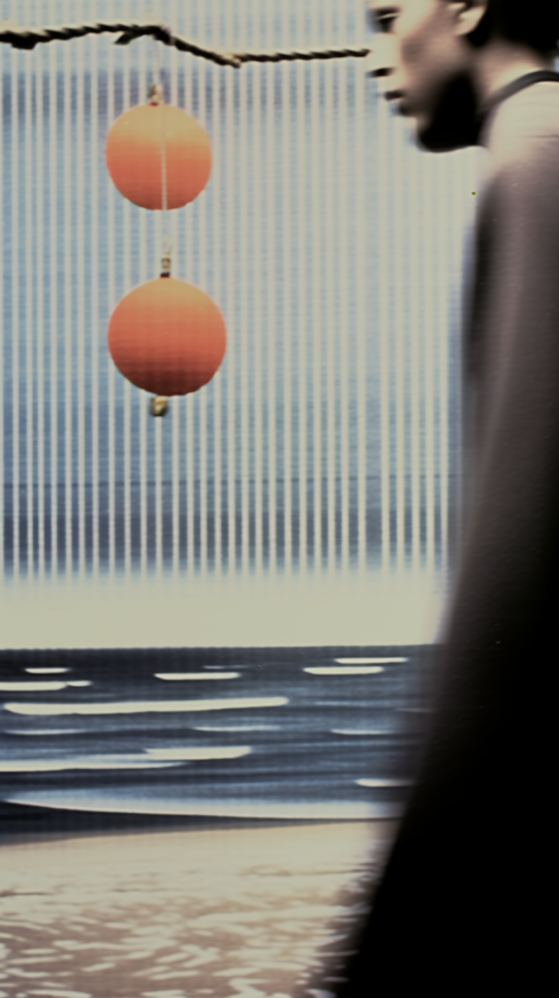 AI artwork featuring a smooth orange globe lantern hanging against a backdrop of dense vertical blue and white lines, looking out over a stylized dark blue sea with white waves, with a dark foreground shadow on the far right.