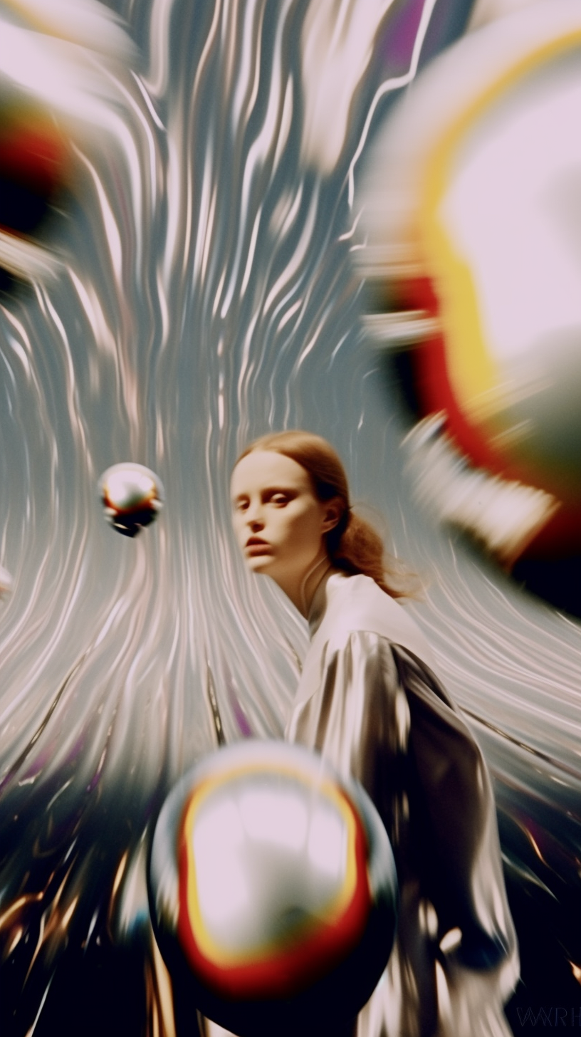 AI artwork showing a woman standing amidst a dynamic vortex of silver and translucent vertical light streaks that warp and bend around her with delicate iridescent edges.