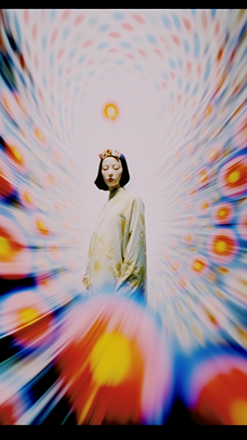 AI artwork of a woman in a light-colored garment surrounded by a dynamic, radiating zoom-blur effect filled with colorful concentric circles, dots, and light streaks.