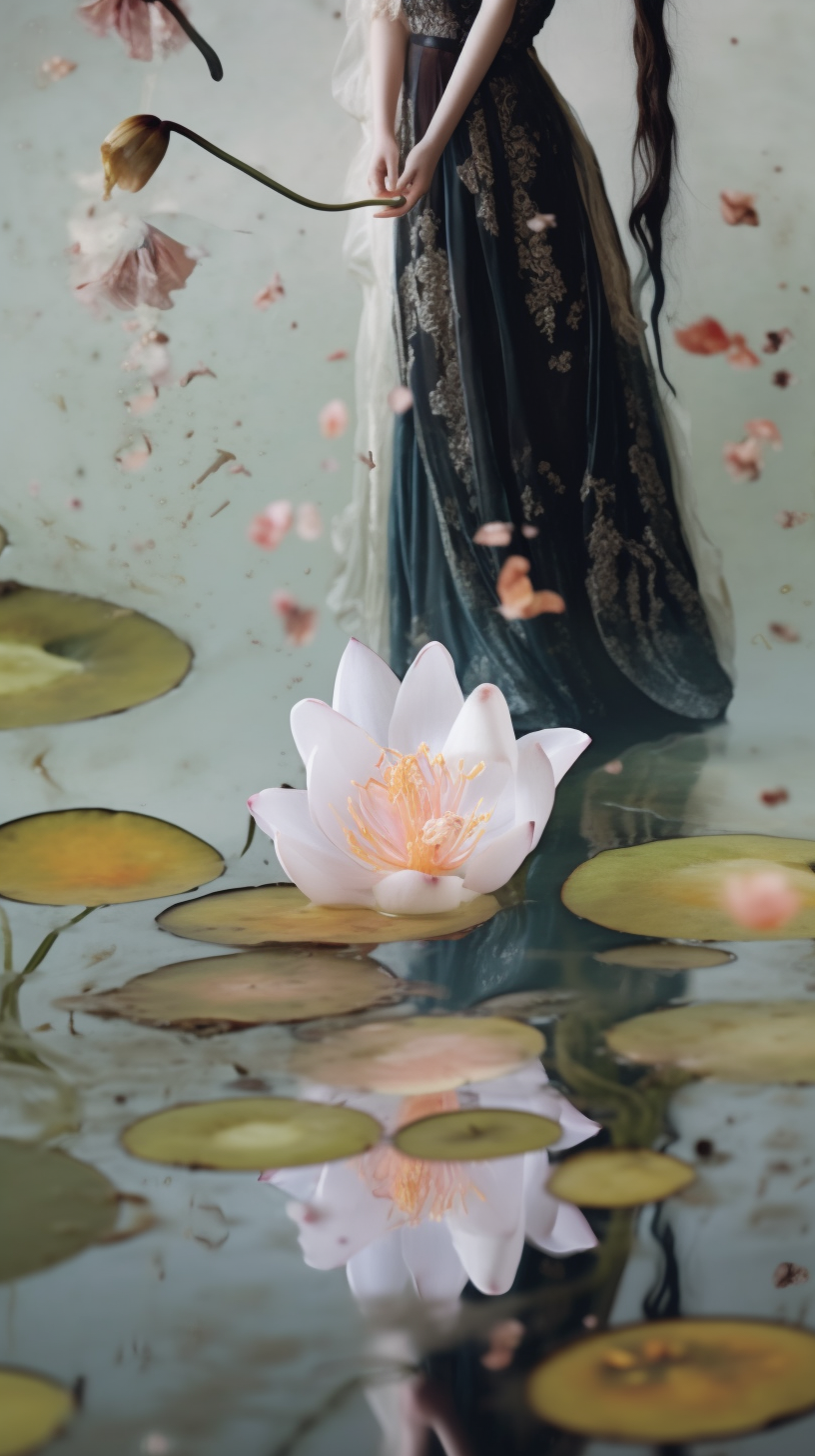 AI artwork featuring a pristine pale pink lotus flower blooming in the center of a calm pond among green lily pads, with a dark, blurred figure in the misty background.