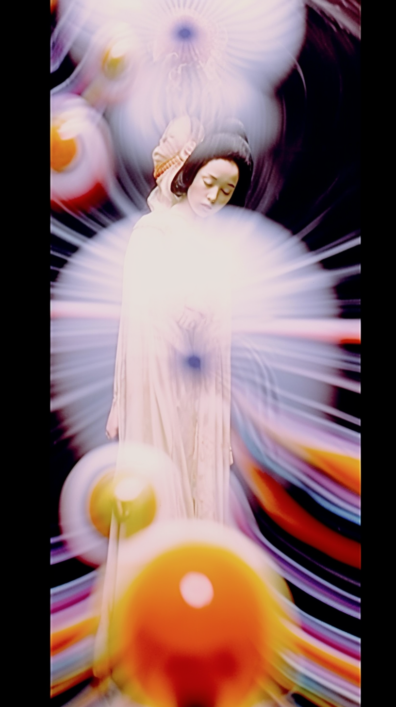 AI artwork of a woman in a pale gown with an intense burst of white light radiating from her torso, casting vibrant, curved rainbow streaks and swirling white light patterns across a dark backdrop.
