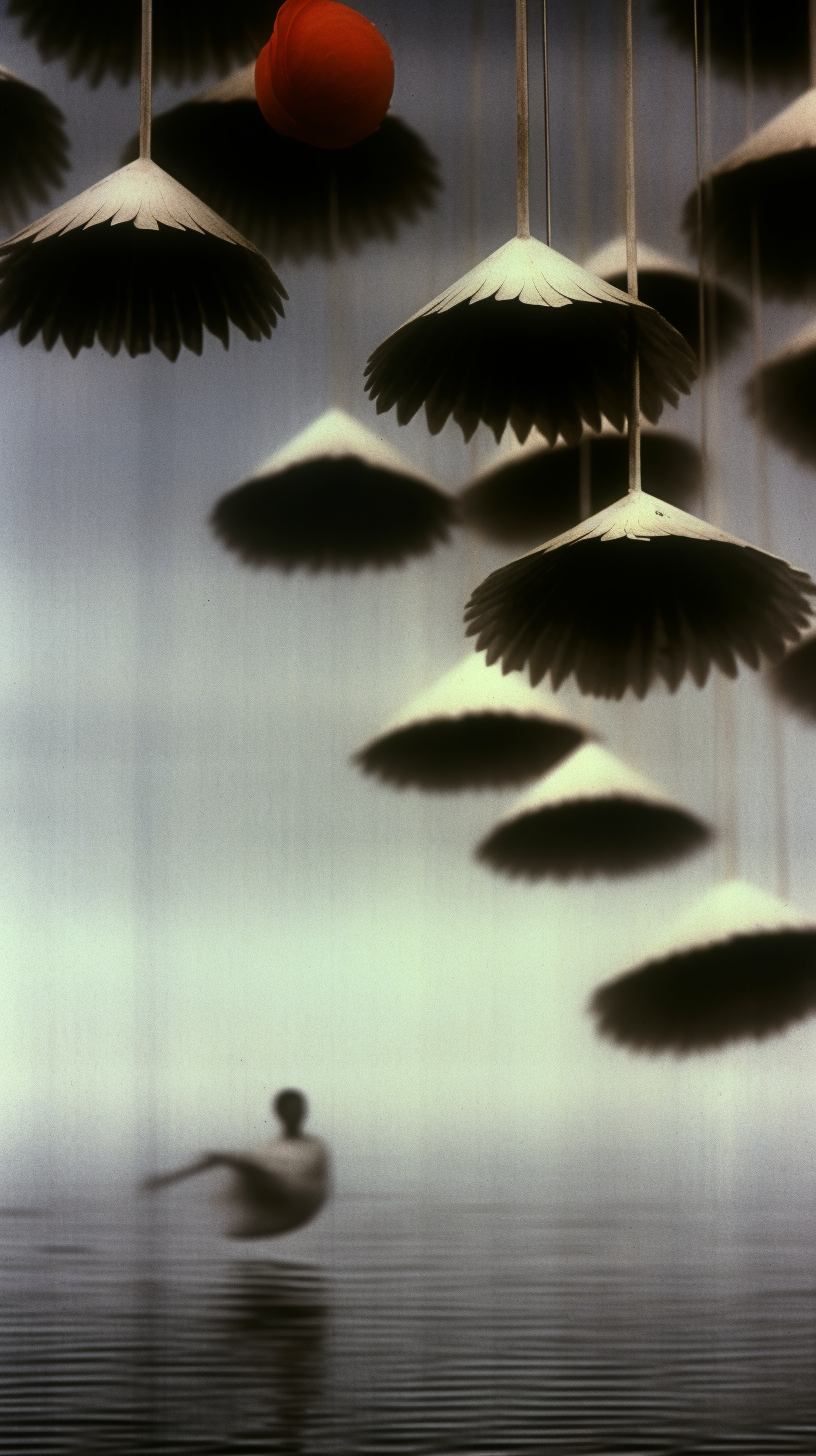 AI artwork featuring a vertical, cascading stack of dark pleated umbrella shapes suspended against a textured, light grey backdrop with fine vertical lines.