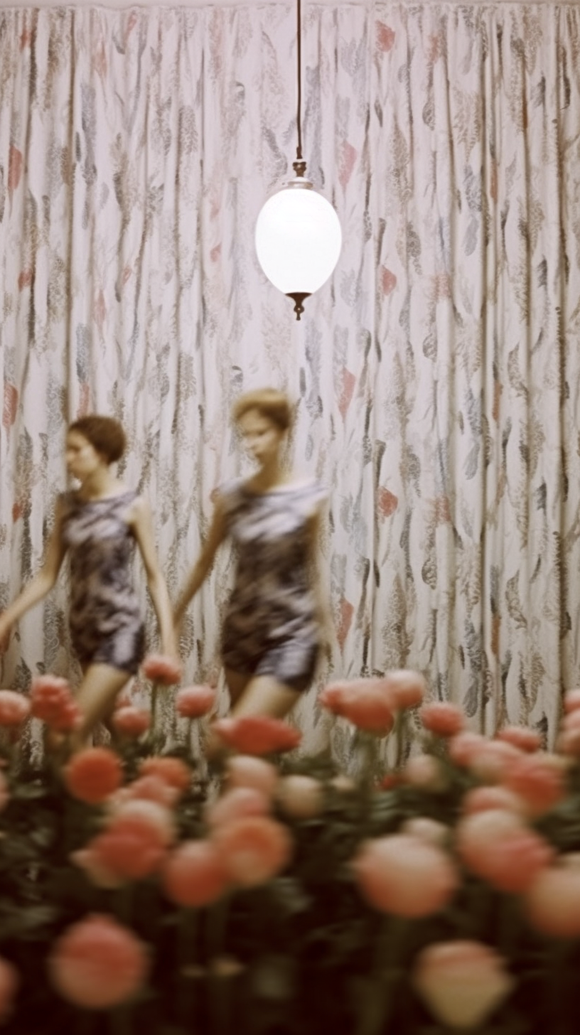 AI artwork featuring motion-blurred women in patterned dresses walking behind a bed of out-of-focus pink flowers, set against a background of patterned retro curtains.