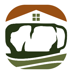 A logo featuring a house with a window on a brown roof, a green landscape, and a large rock in the foreground.