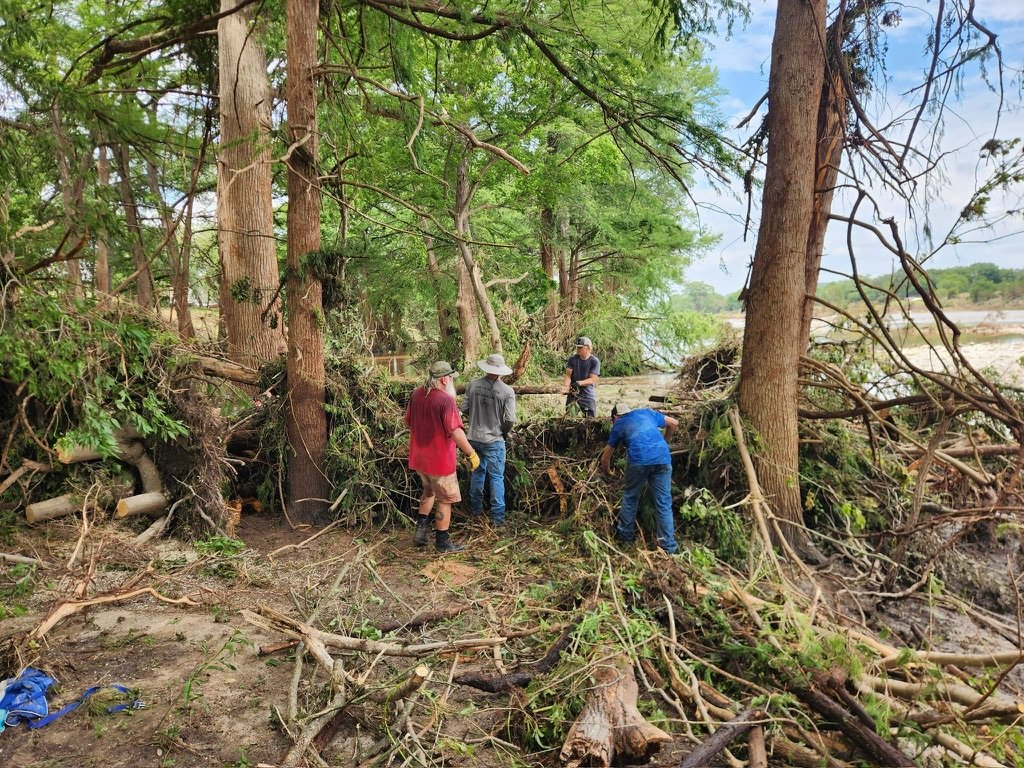 People working to clear fallen trees and debris in a forested area near a body of water.