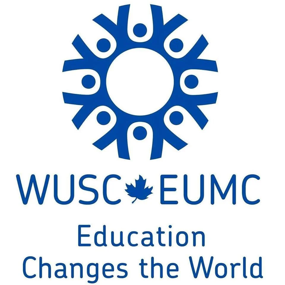 Logo with a stylized blue circular design of abstract human figures surrounding an oval, with the text "WUSC EUMC" underneath, featuring a maple leaf replacing the letter "O" in "WUSC", and the slogan "Education Changes the World" below.