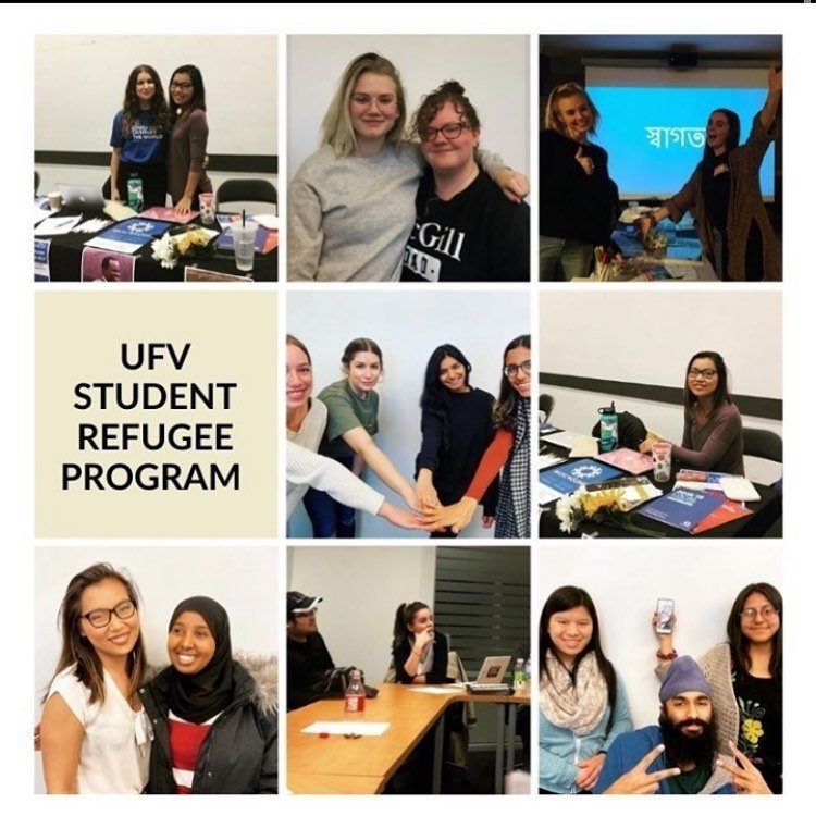 Collage of nine photos showing diverse students at UFV Student Refugee Program events, with group photos, a presentation, and students working at tables.
