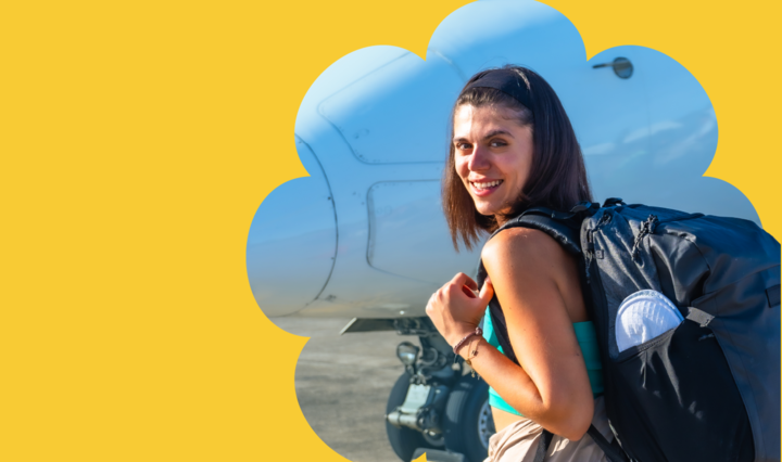 Young woman with backpack at airport, smiling, leaving on a trip.