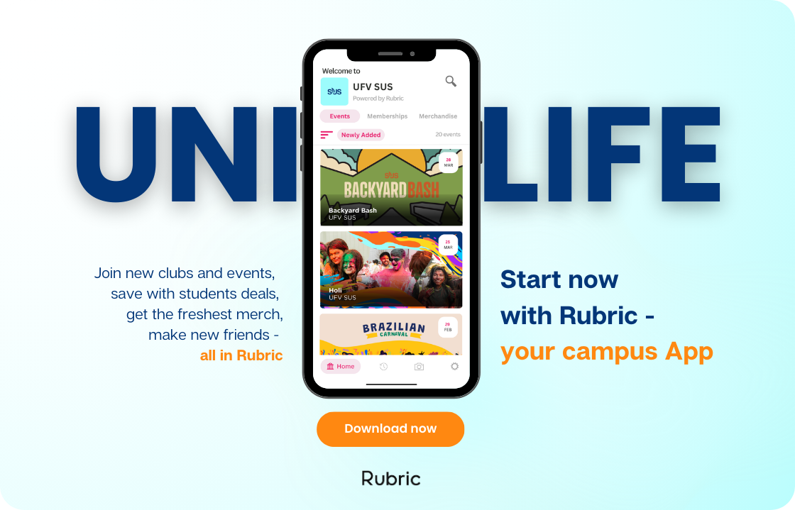 A promotional graphic for a campus app called Rubric, featuring a smartphone displaying various event banners, with the text encouraging students to join clubs and events, save money, and make friends.