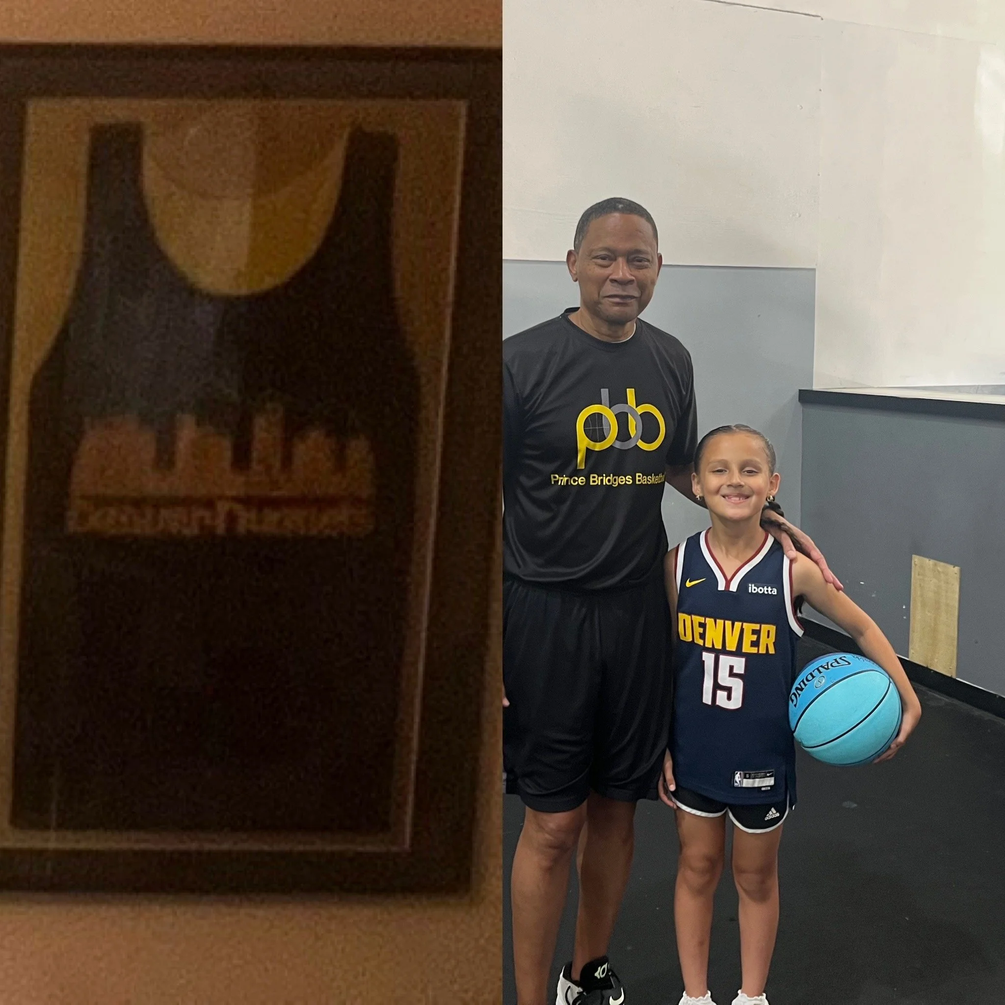 A man and a young girl standing in a gym or basketball court. The man is wearing a black Prince Bridges Basketball shirt and shorts, with a smile. The girl is wearing a Denver basketball jersey and shorts, holding a blue Spalding basketball, and smiling.