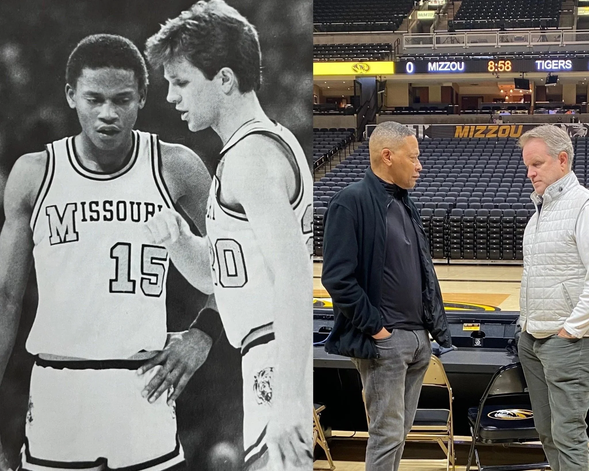 A black-and-white photo of two basketball players in Missouri uniforms, looking at each other. On the right, there is a color image of two men talking inside an empty basketball arena with a scoreboard displaying 0-0, 8:58, and Missouri Tigers branding.