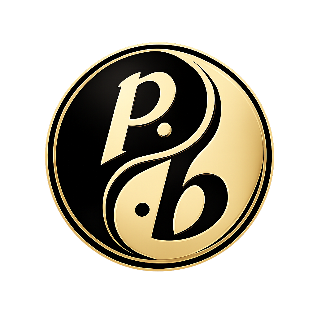 Black and gold sign with the stylized letters P and B intertwined inside a circular border.