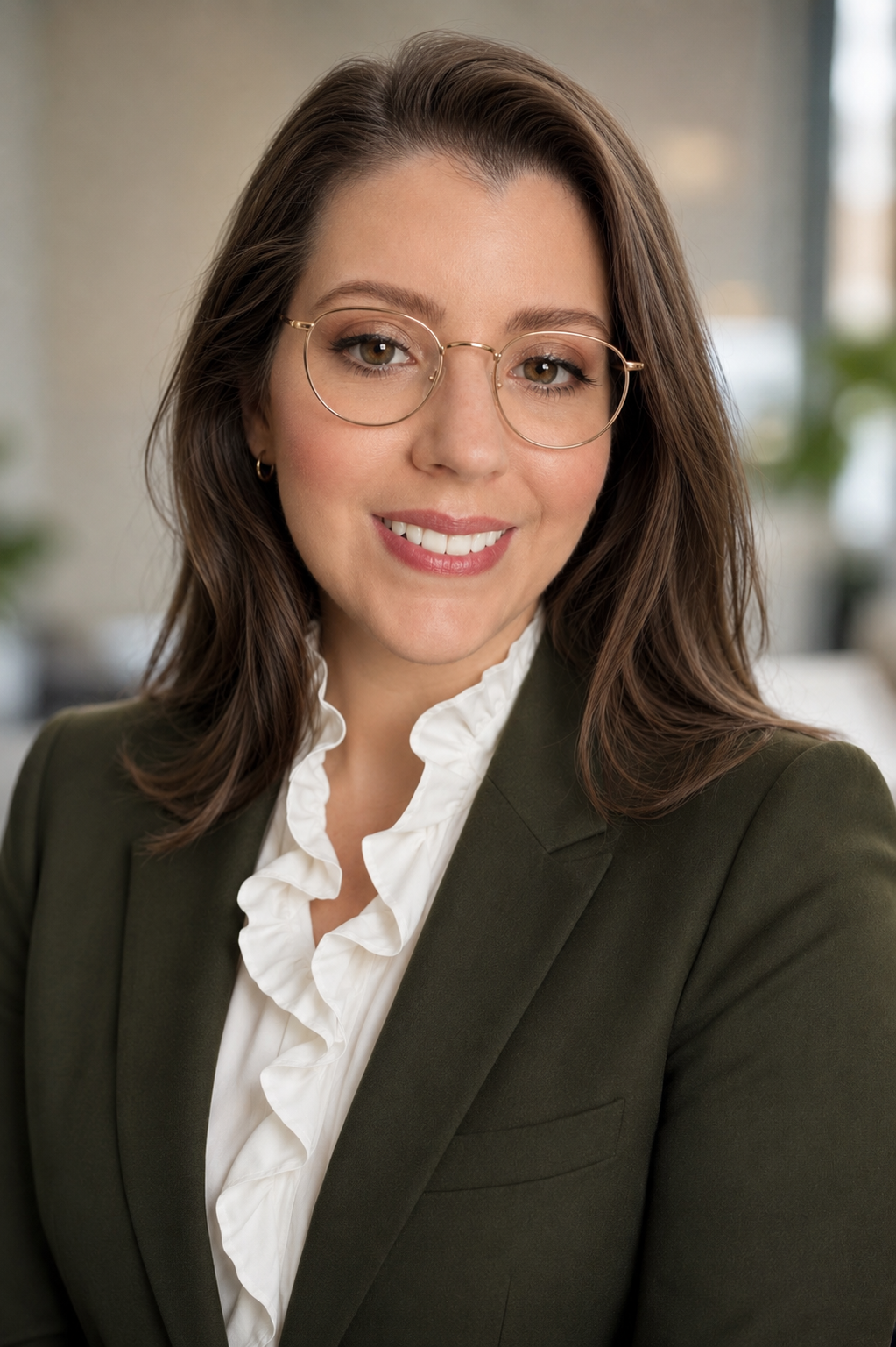 A professional woman with brown hair, wearing glasses, a white ruffled blouse, and a dark green blazer, smiling in an indoor setting.