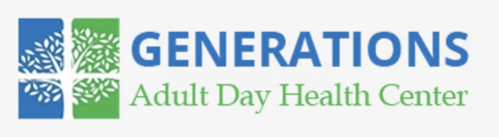 Logo for Generations Adult Day Health Center featuring a stylized tree with blue and green leaves