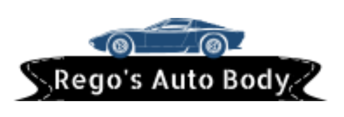 Logo with a stylized blue sports car above the text 'Rego's Auto Body' on a black ribbon background