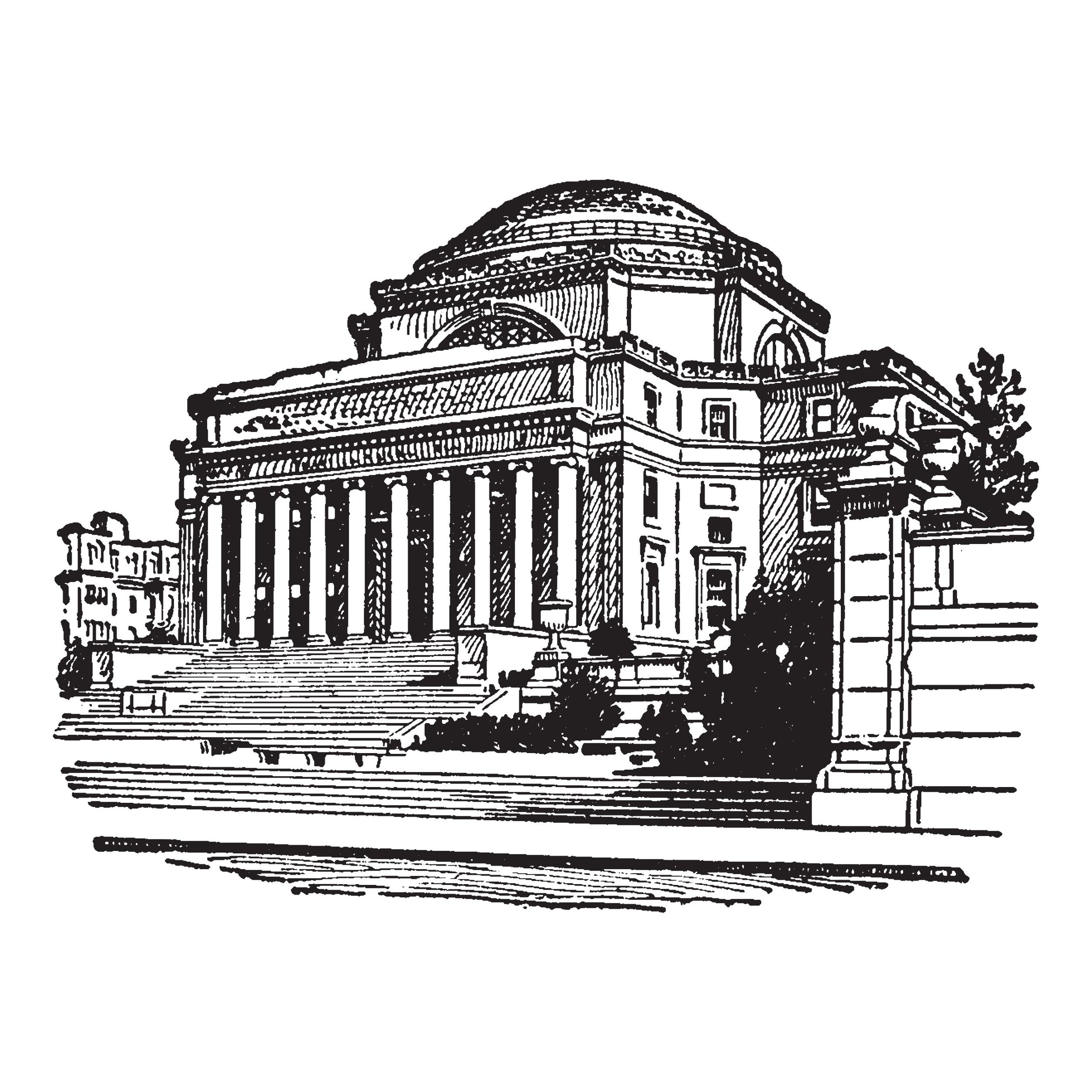 A black and white line drawing of a historic building with columns, a large dome, and decorative architectural features.