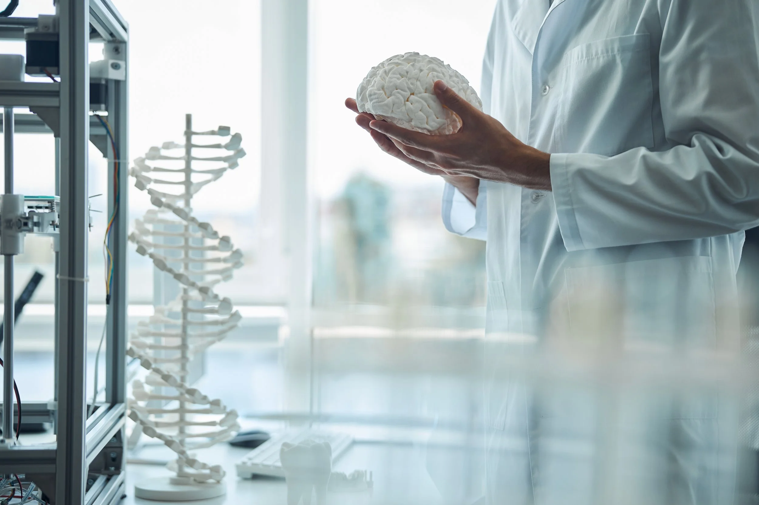 Person in a white lab coat holding a model of a human brain in a laboratory setting, with a DNA double helix model and laboratory equipment visible in the background.