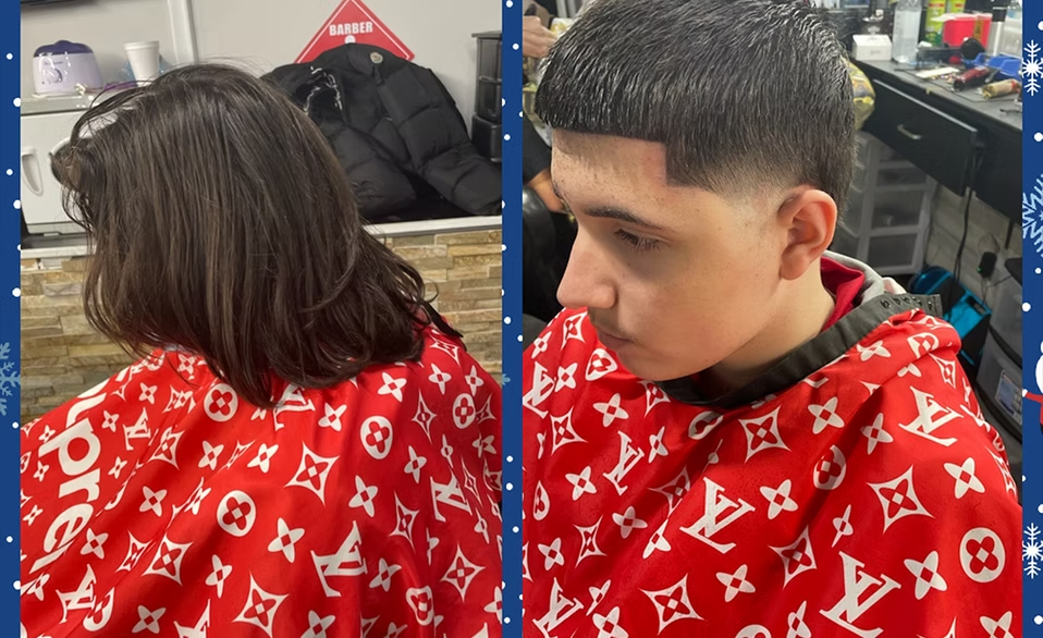A person getting a fresh haircut, with the before shot showing their long hair from behind, and the after shot showing a short, styled haircut. Both are wearing a red cape with white Louis Vuitton logos.